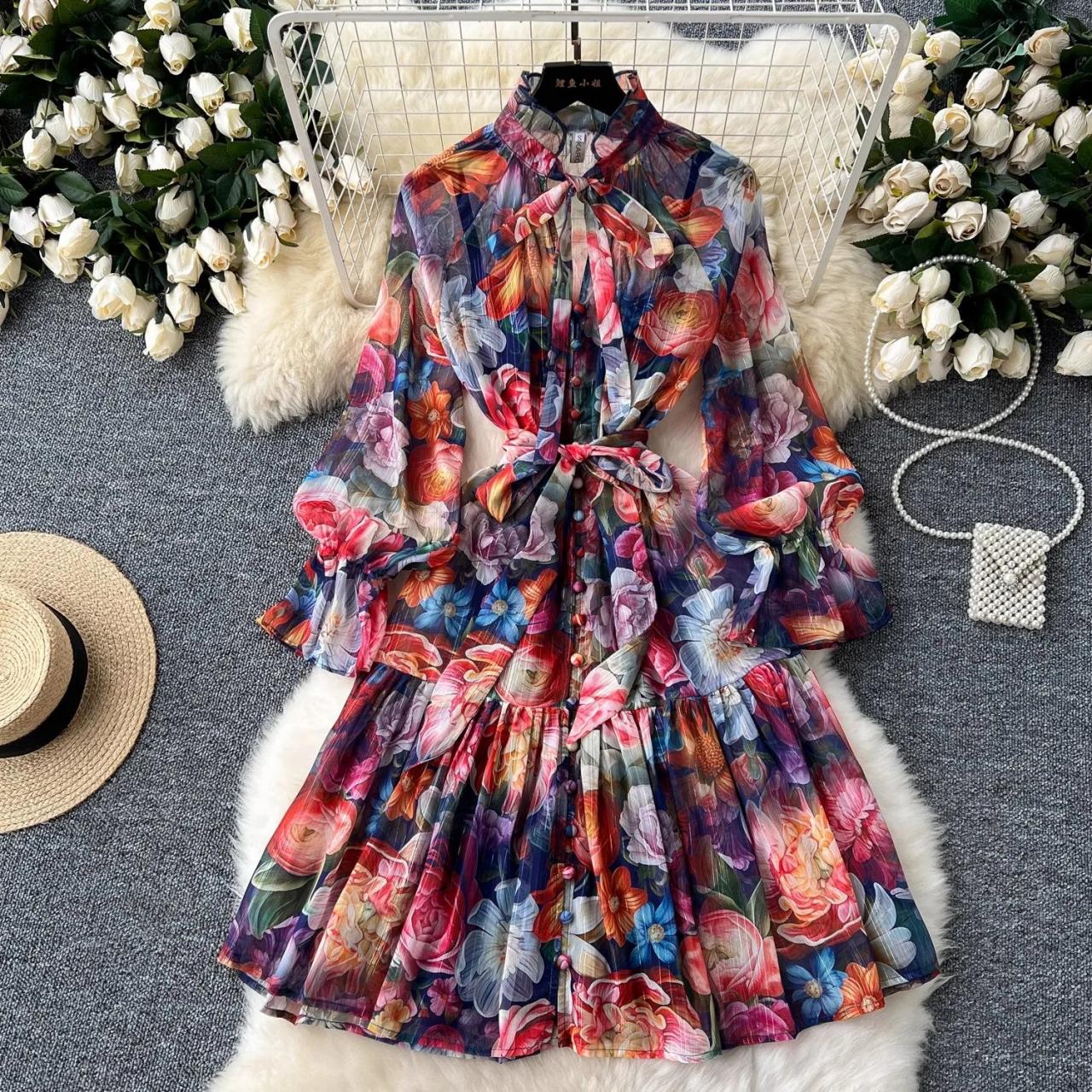 Floral Chiffon Dress With Bow Tie Detail on Luulla
