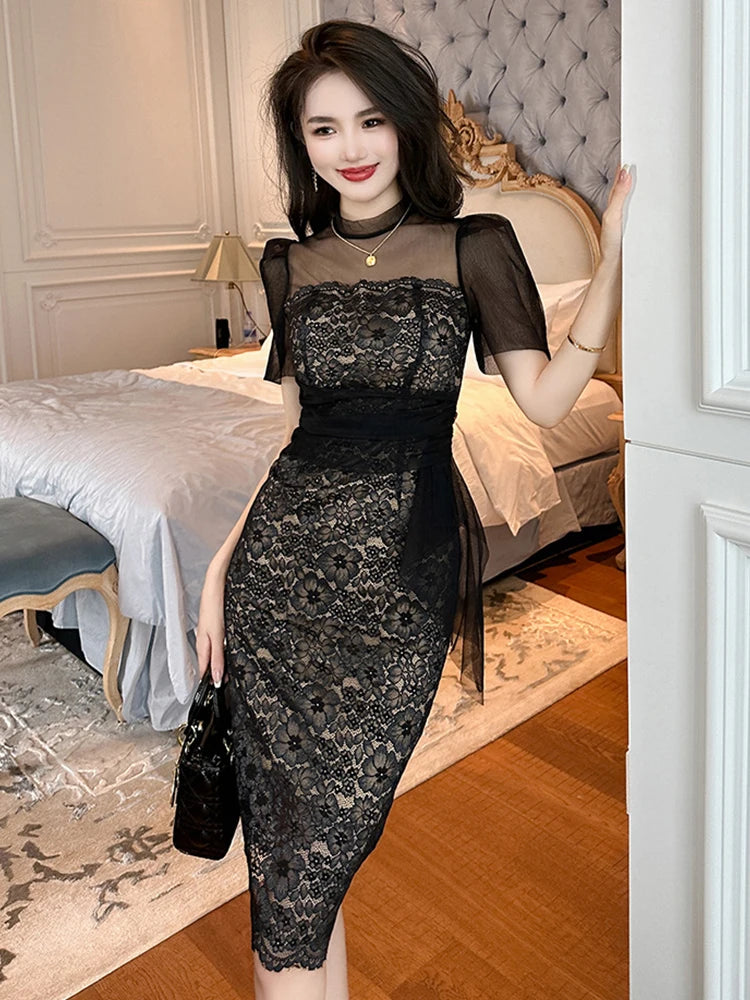 Black Lace Midi Dress With Sheer Sleeves
