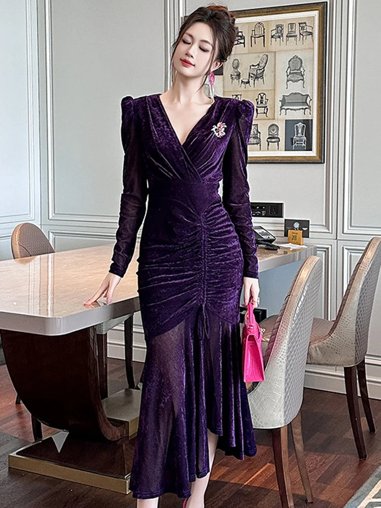 deep purple long sleeve dress Deep Purple Velvet Ruched Long Sleeve Dress