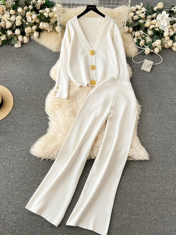 White Knit Cardigan and Pants with Gold Buttons