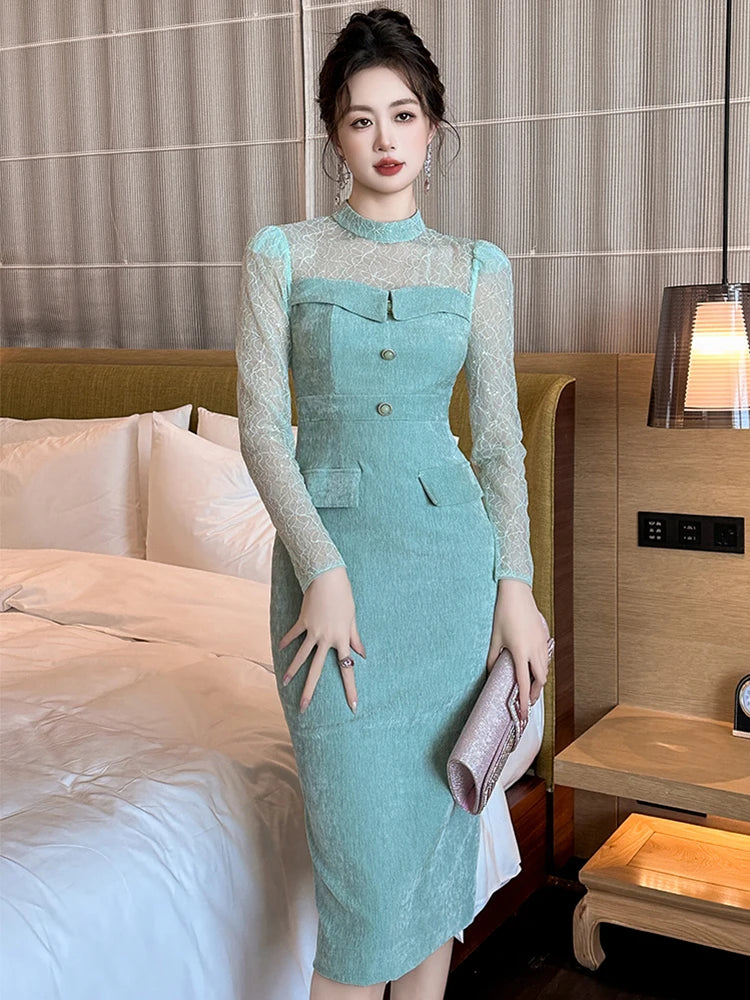 Lace Overlay Long-sleeve Blue Midi Dress on Luulla