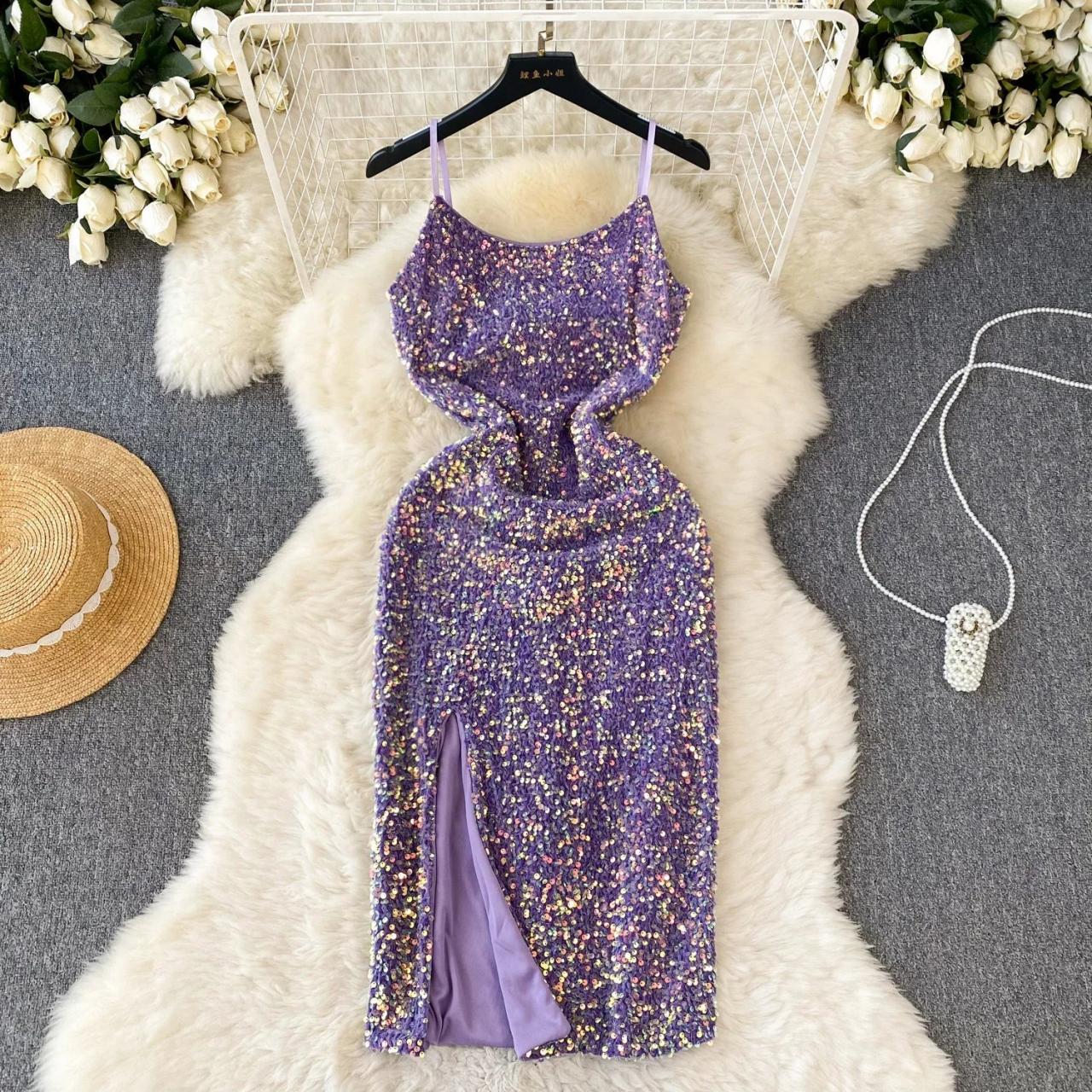 purple thigh split dress Foldover off shoulder split thigh dress