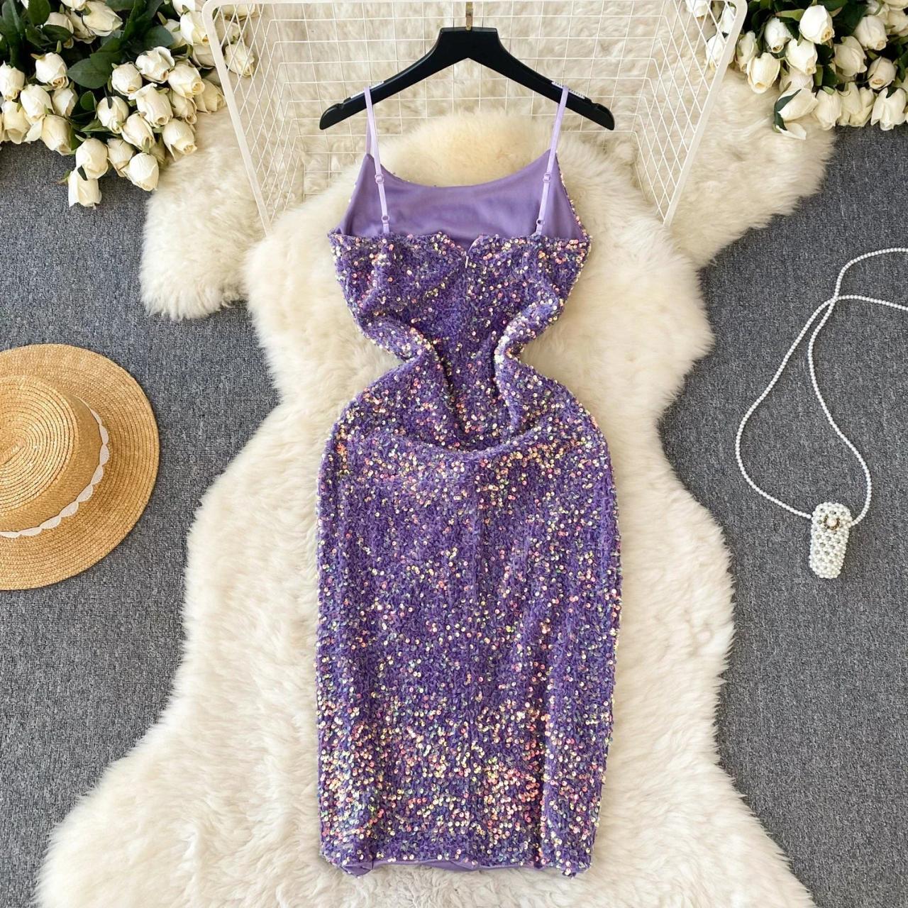 Sparkling Purple Sequin Dress With Thigh Slit on Luulla