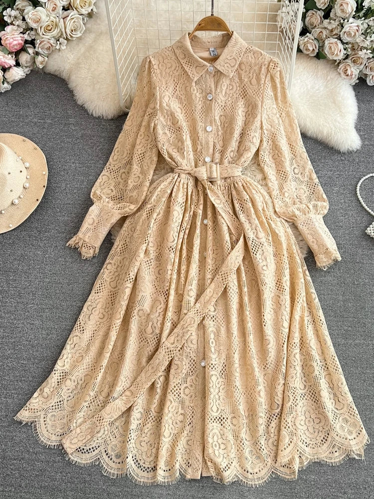 Lace Button-up Long Dress With Belted Waist
