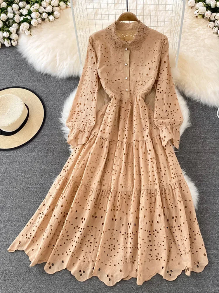 Lace Hollow Out Long Sleeve A-Line Dress