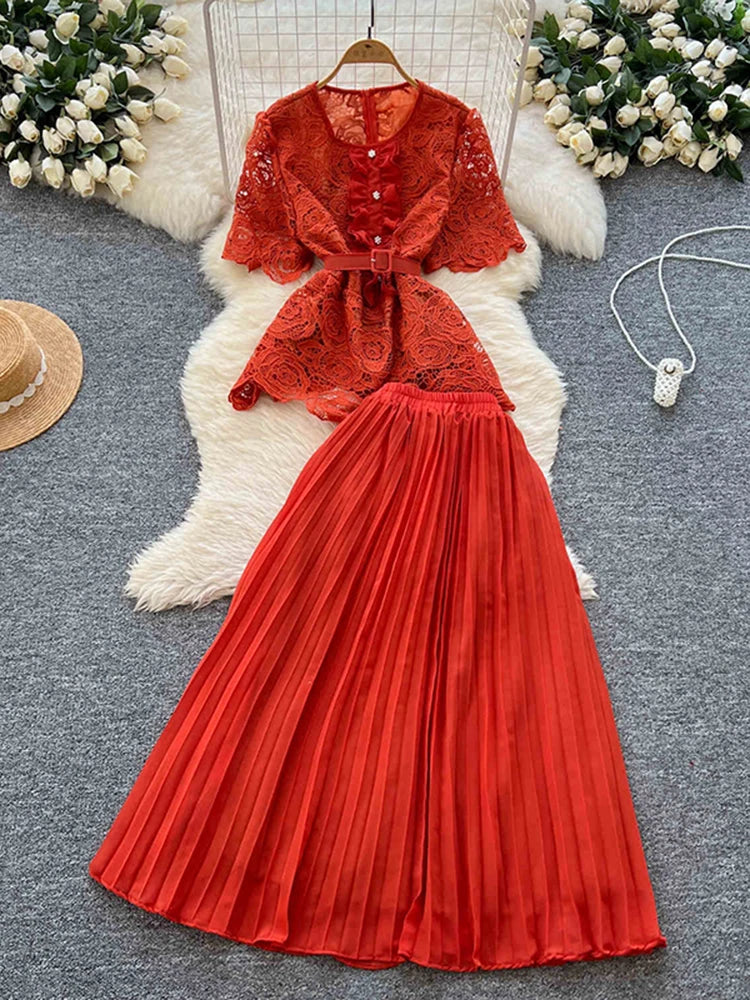 chinese dress ladies Tweed & Lace Pleated Midi Dress  Elegant Peplum Waist