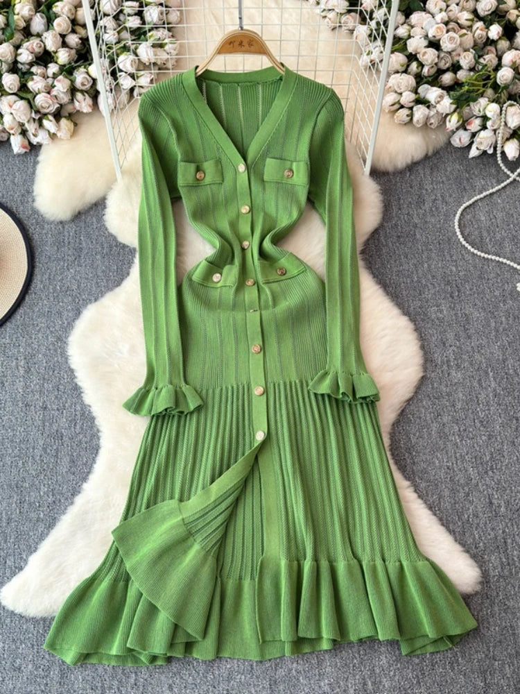 Green Button-down Knitted Long Sleeve Dress on Luulla