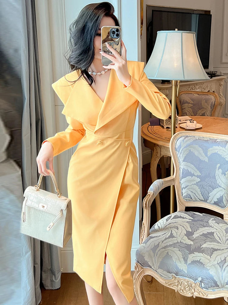 Chic Yellow Wrap Dress with Long Sleeves