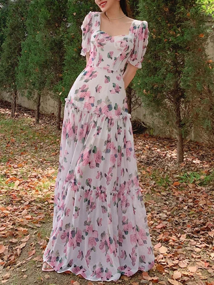 chinese dress ladies Floral Square Neck Maxi Dress