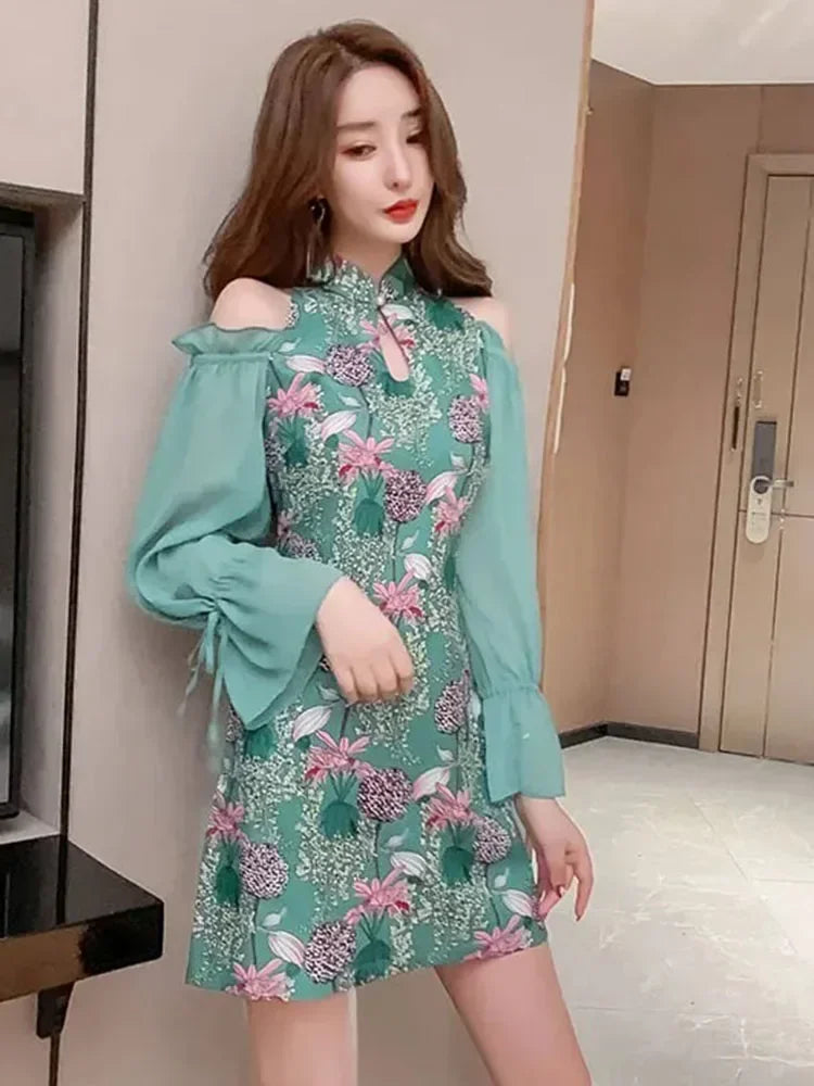 Floral Cold Shoulder Green Dress With Sleeves on Luulla
