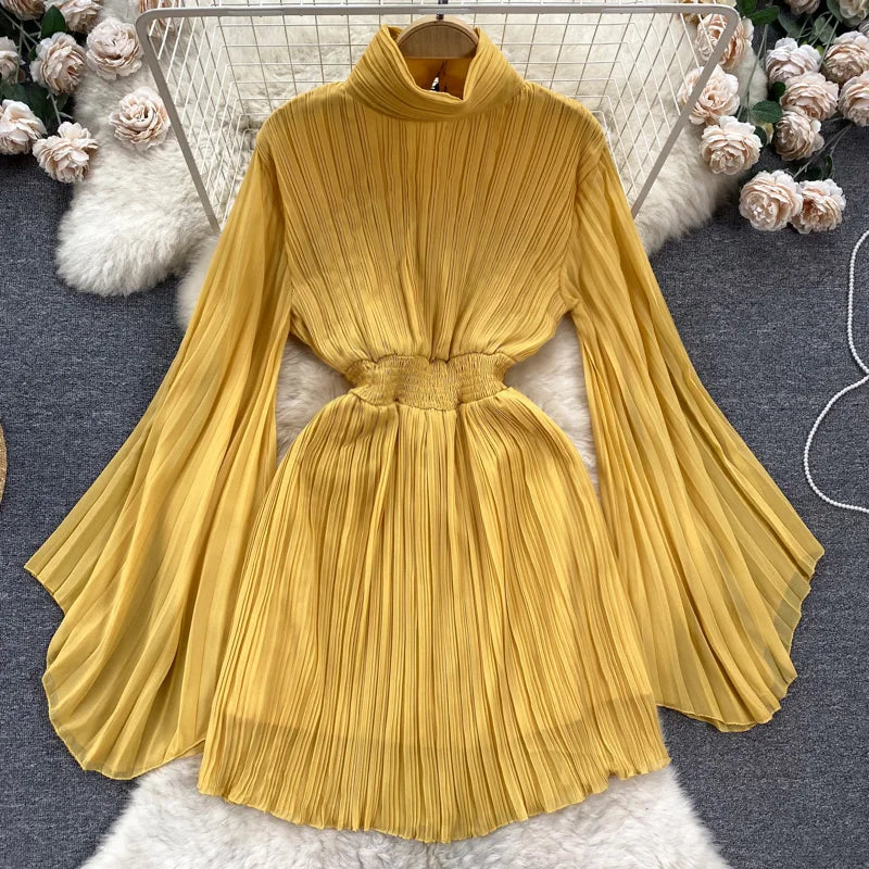 Womens Yellow Pleated Long Sleeve Chiffon Dress