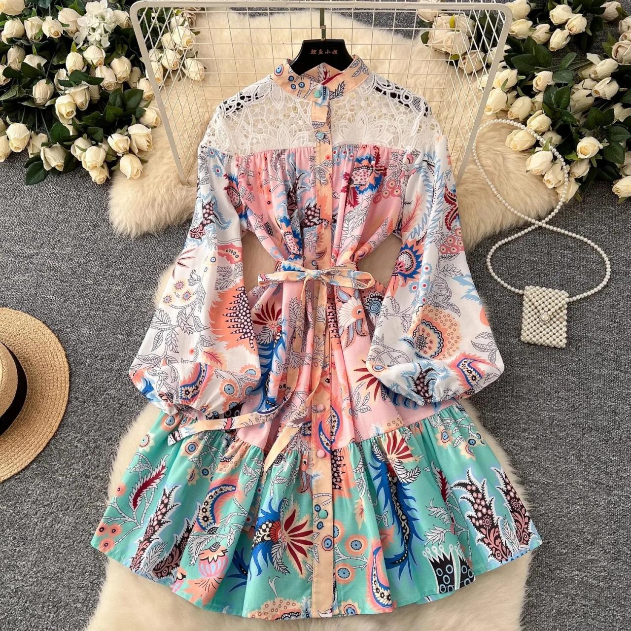 floral lace patchwork dress Juliana Lace Patchwork V-neck Floral Suspender Dress-Apricot main image 1