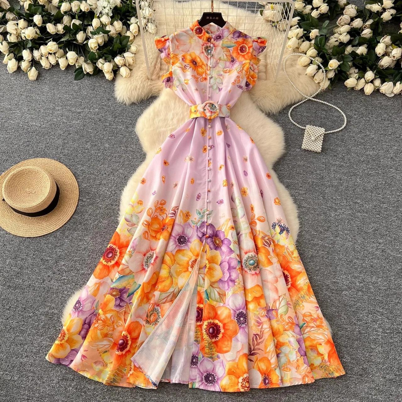 chinese dress ladies Stripe Tiered Maxi Dress W/Waist Belt - Pinch