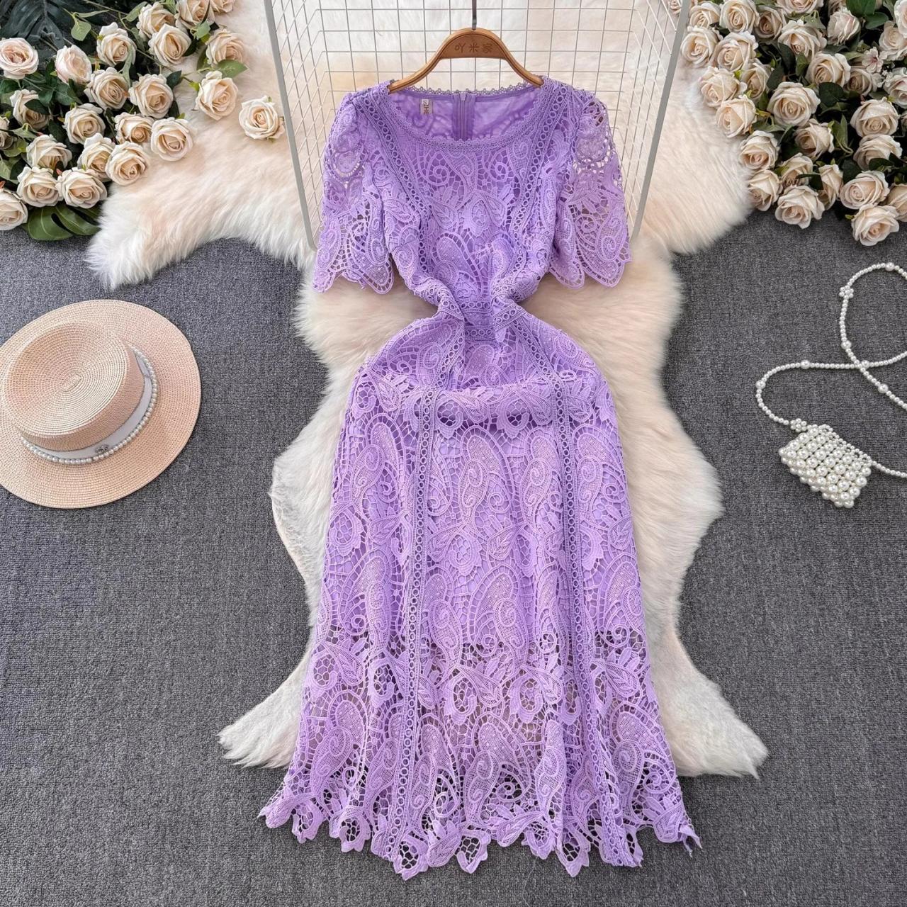 Lavender Lace Dress with Floral Embroidery Design
