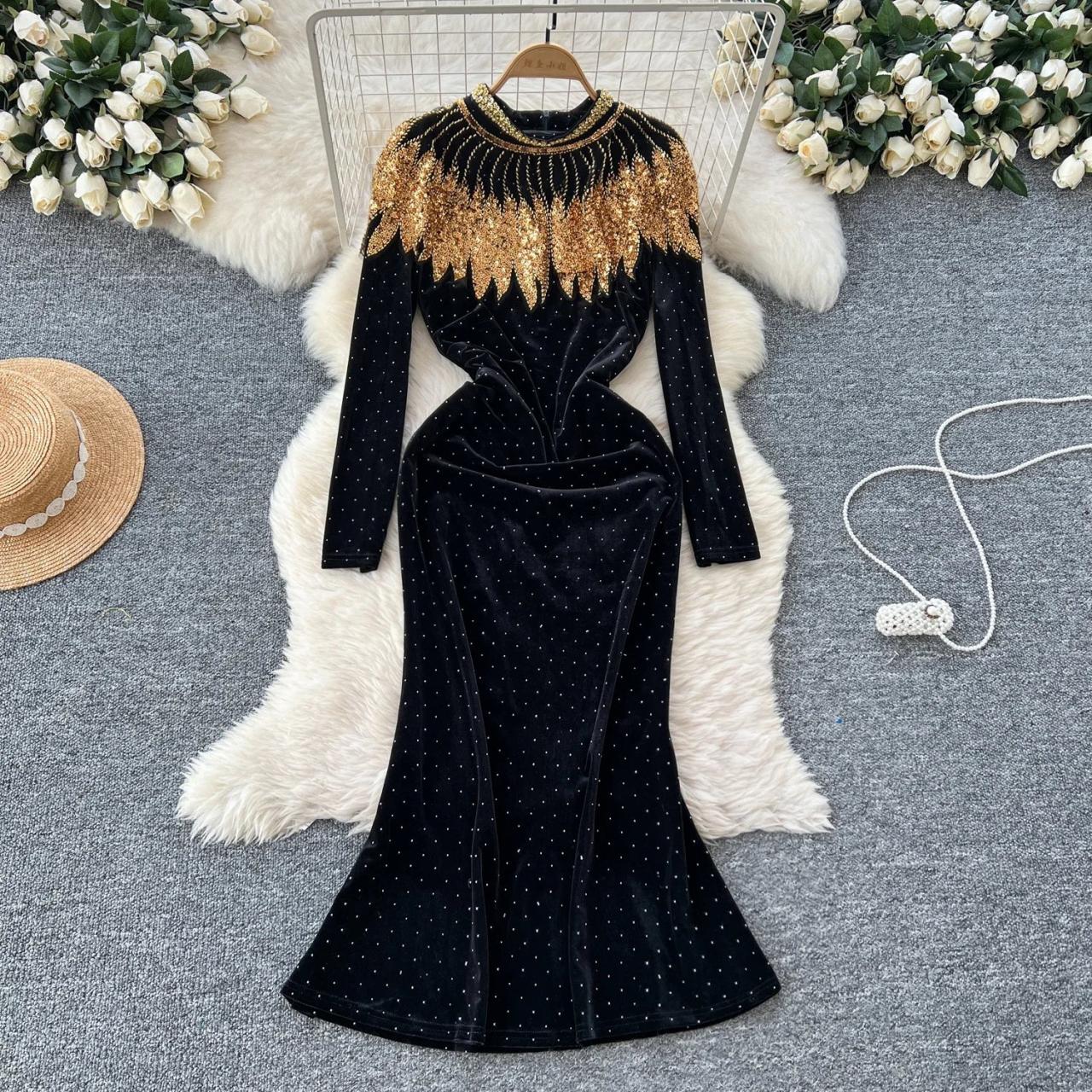 gold crushed velvet dress Black Velvet Strapless Dress With Handmade Gold Flower Detail – RAISA  VANESSA INT main image 1