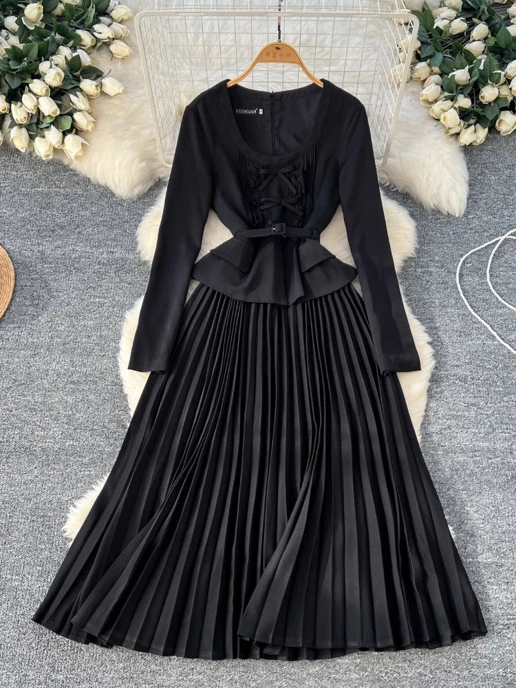 Satin Black Long Sleeve Pleated Dress Black Long Sleeve Pleated A-Line Dress