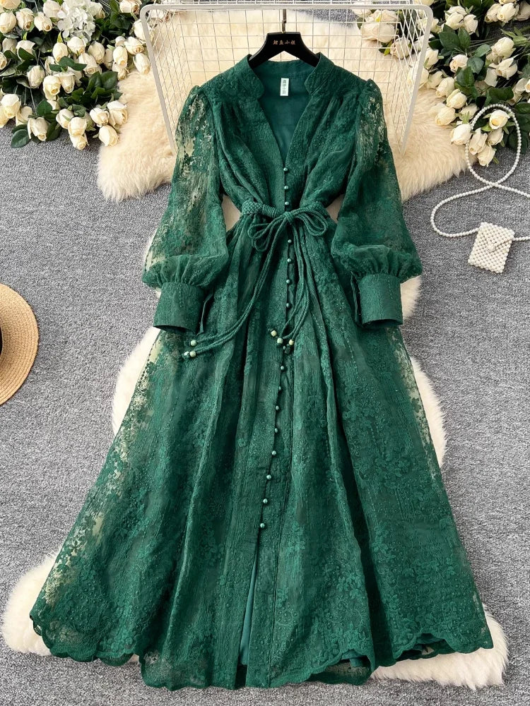 Lace Maxi Dress With Belted Waist Design