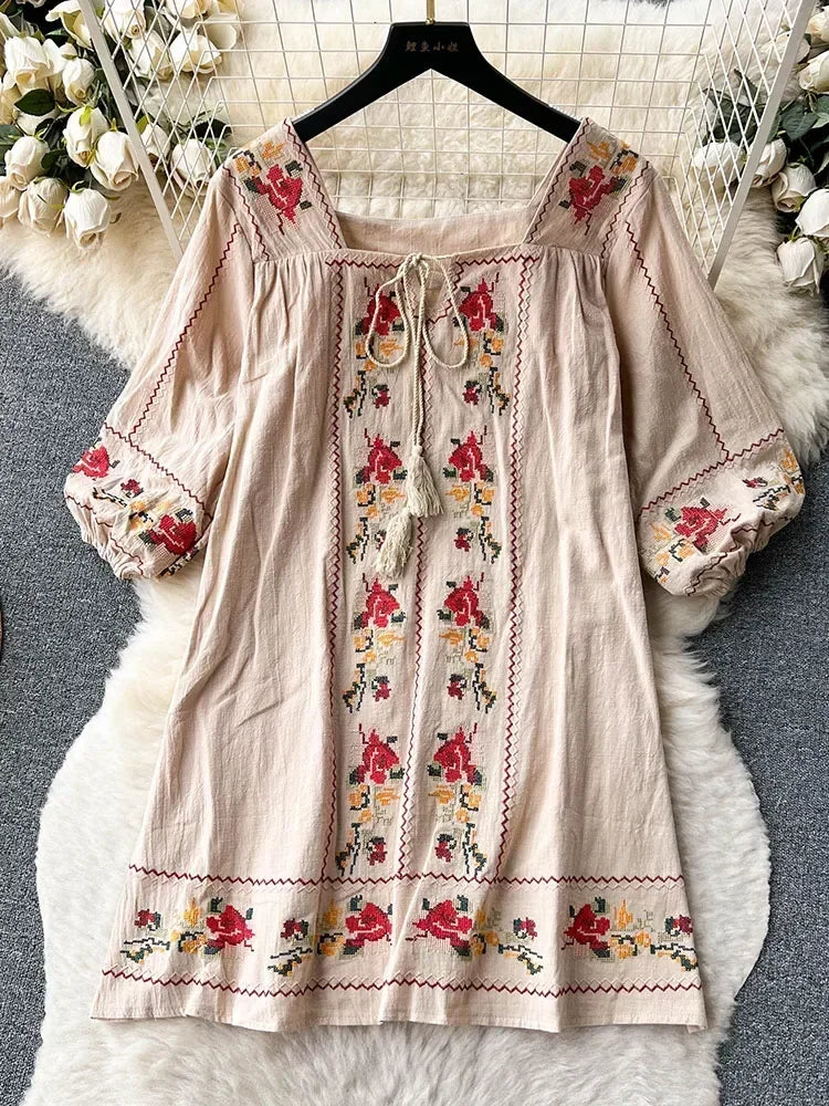 Bohemian Floral Embroidered Long Sleeve Peasant Dress