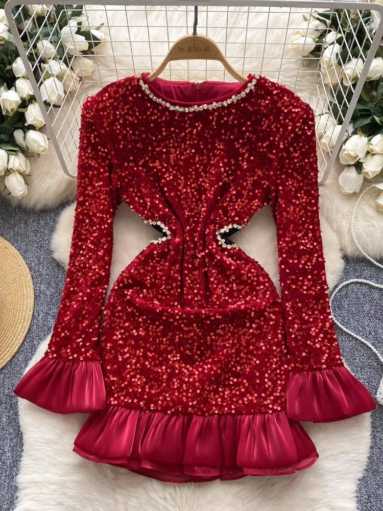 chinese dress ladies Red Sequin V-Neck Sleeved Mermaid Made to Measure Prom Dress