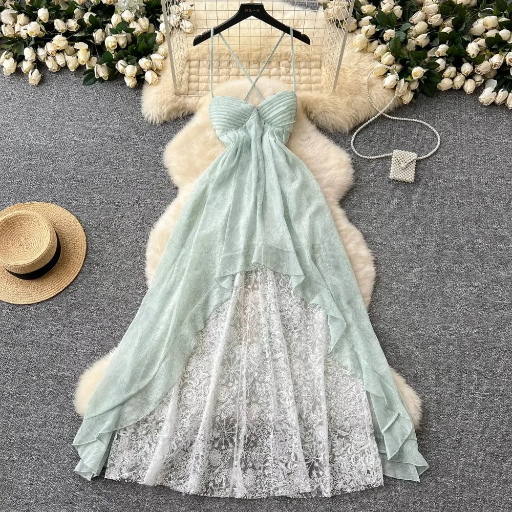 Flowy Mint Green Lace Overlay Summer Dress