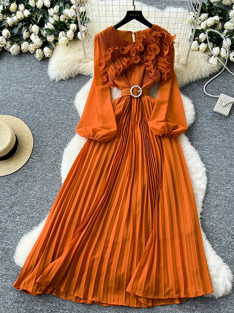 Asymmetric Ruffled Belted Long Sleeve Pleated Dress