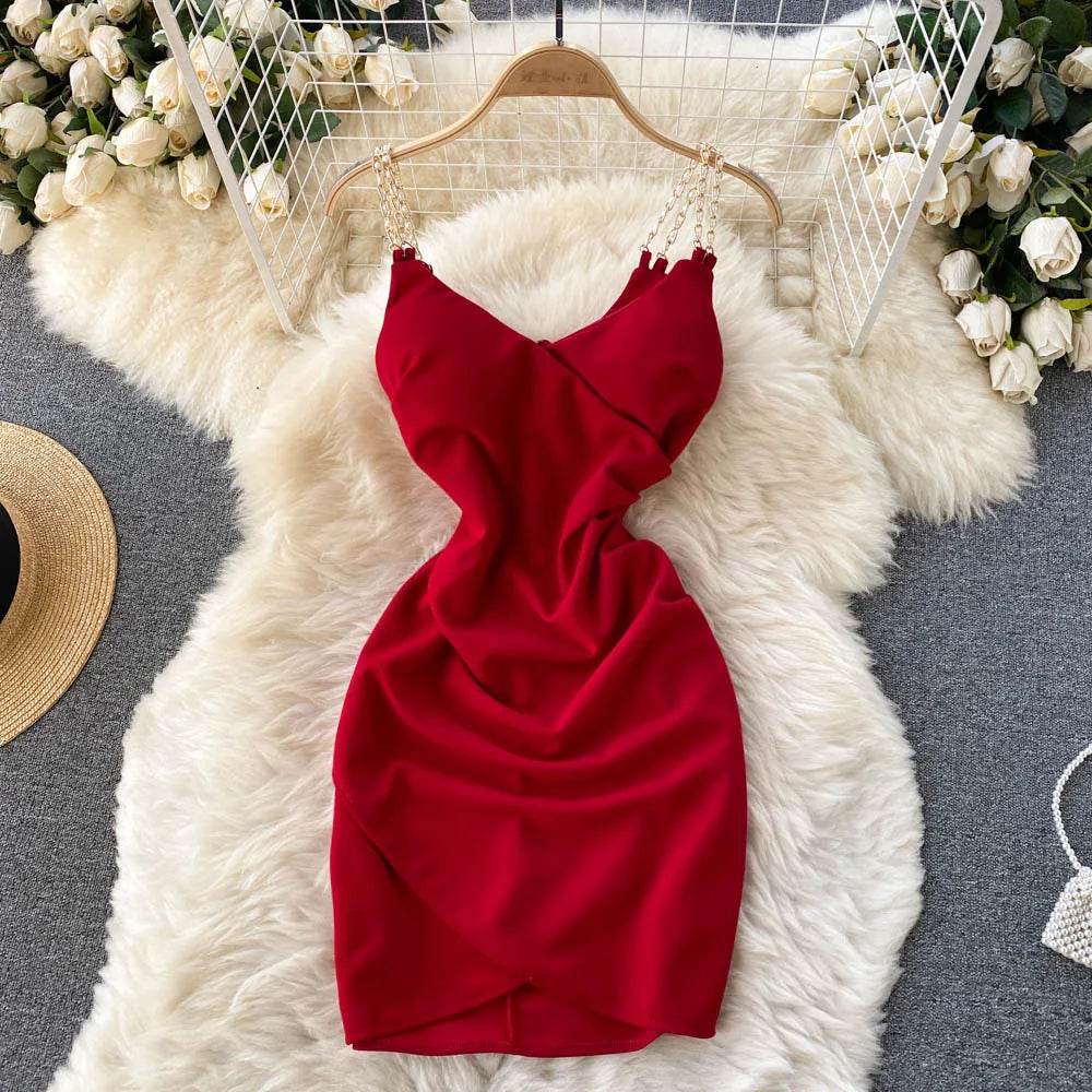 red dress with gold chain straps Red Midi Dress With Chain Belt Small