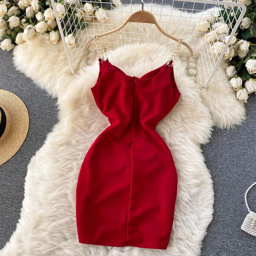 red dress with gold chain straps Slow Dance Chain Halter Midi Dress Red