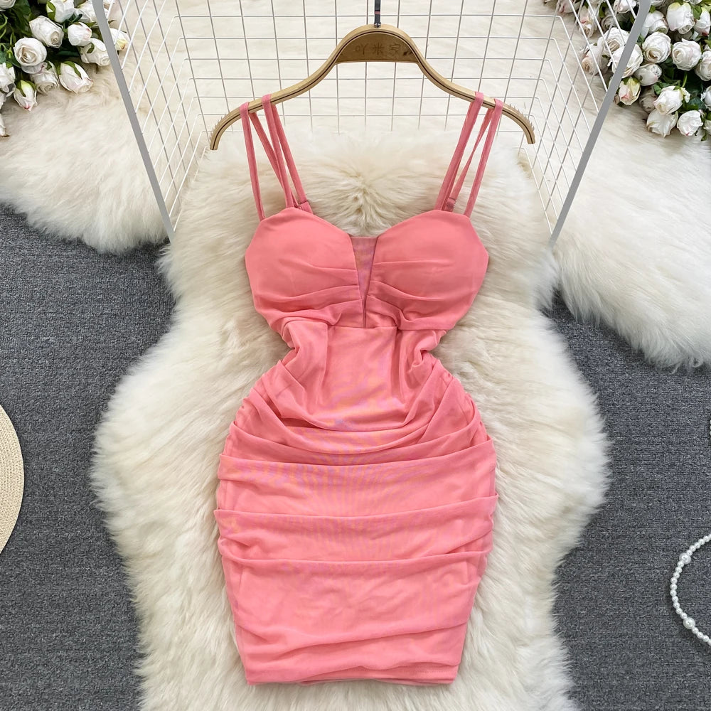 Spaghetti Strap Baby Pink Ruched Bodycon Dress Confident Allure Light Pink  Ruched Lace-Up Bodycon Mini