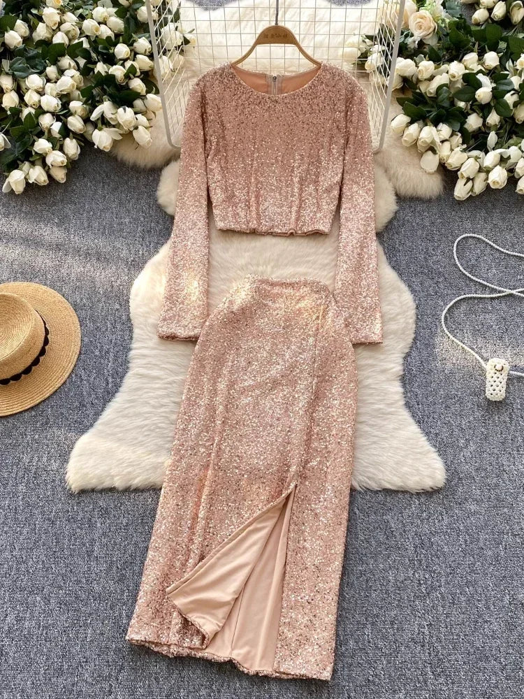 Sparkling Pink Sequin Dress With Long Sleeves