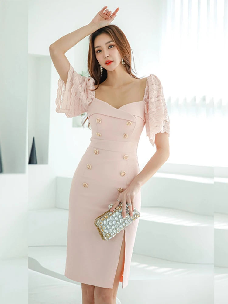Off-shoulder Lace Sleeve Buttoned Bodycon Dress