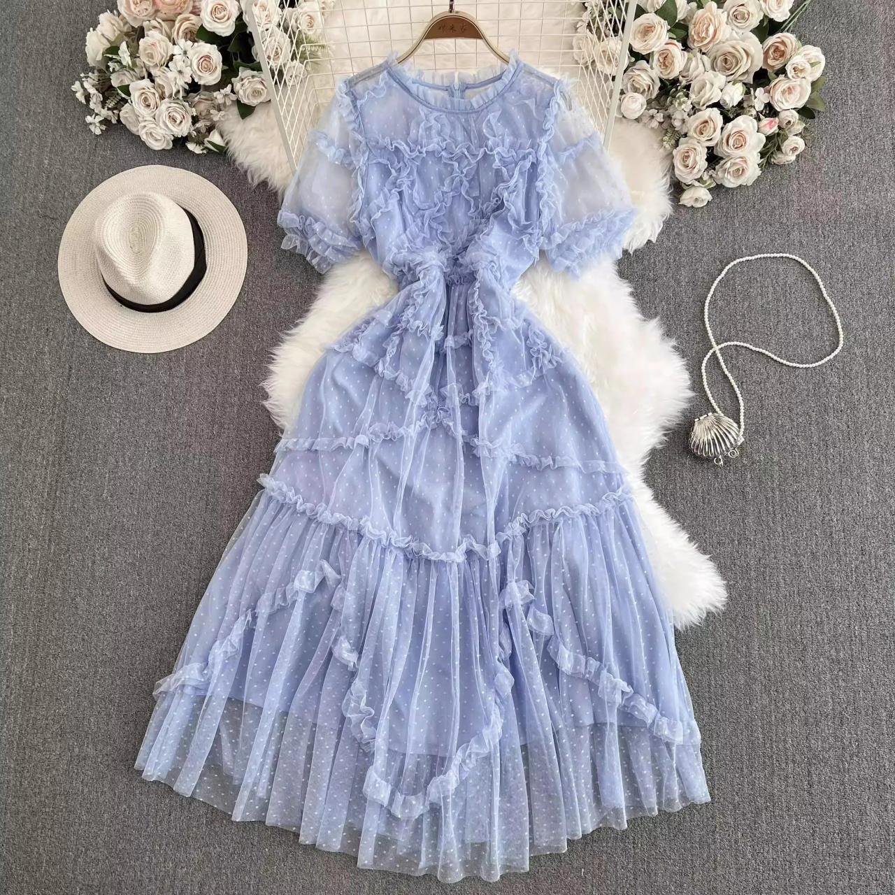 blue lace mesh dress Miss Circle Women's Wallie Baby Blue Rhinestone Embellished Mesh Backless Gown