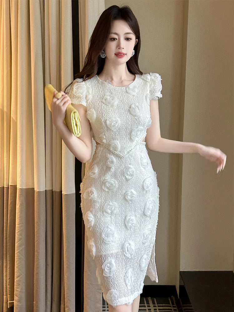 Floral Embellished White Textured Cocktail Dress