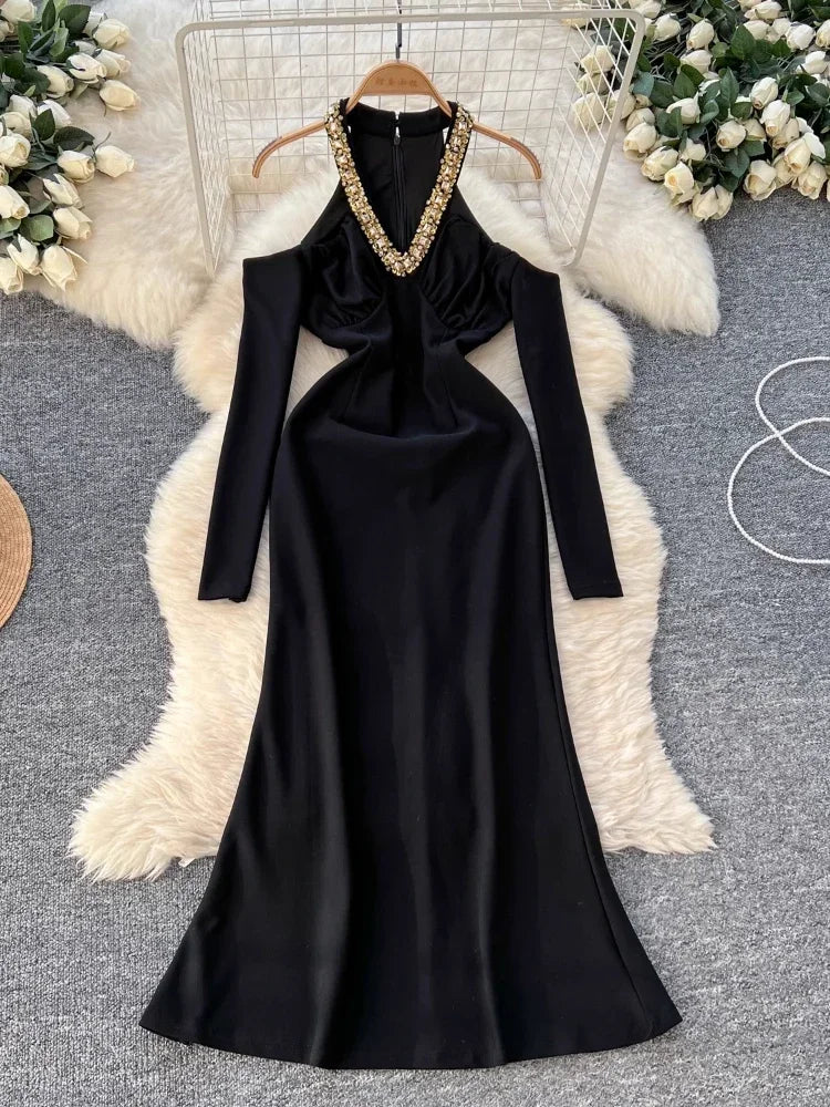 Black Gown Gold Embellished Long Sleeve Dress