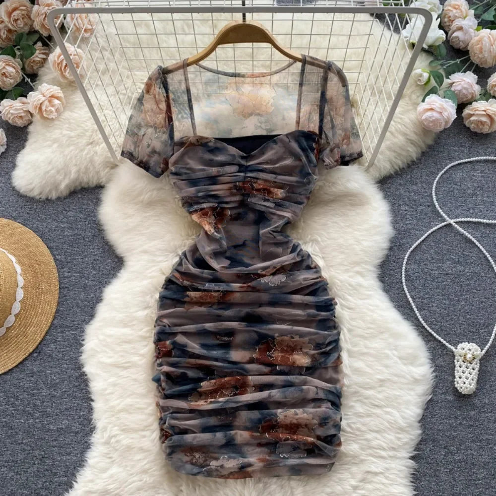 Floral Mesh Ruched Bodycon Dress With Sleeves