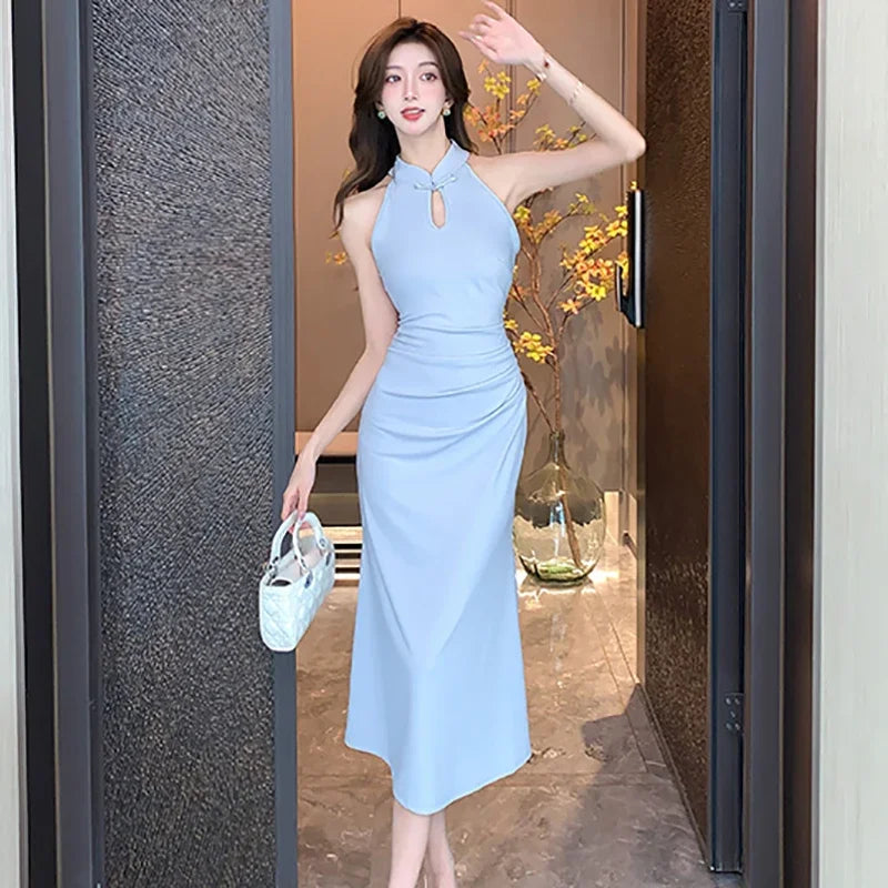 Halter Neck Light Blue Ruched Bodycon Dress