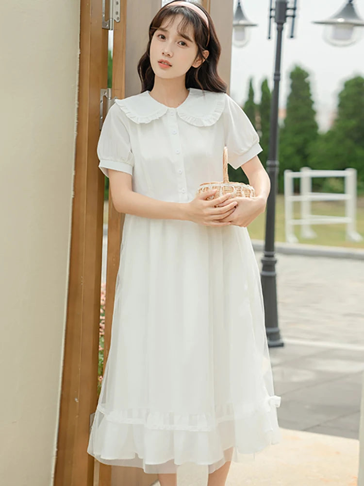 White Short Sleeve Ruffle Collar Midi Dress