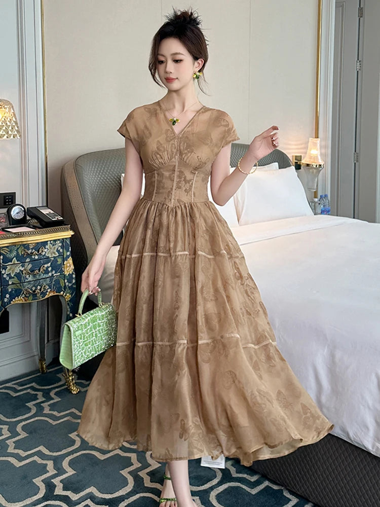 floral maxi dress with cap sleeves Vintage Floral Cap Sleeve Maxi Dress Moss / M