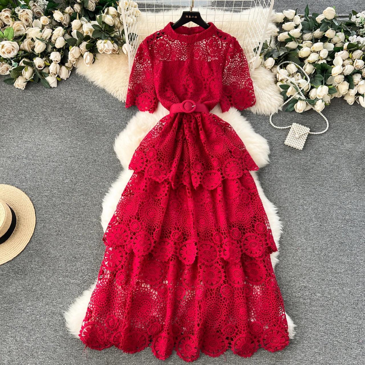 Floral Lace Red Dress With Belted Waist
