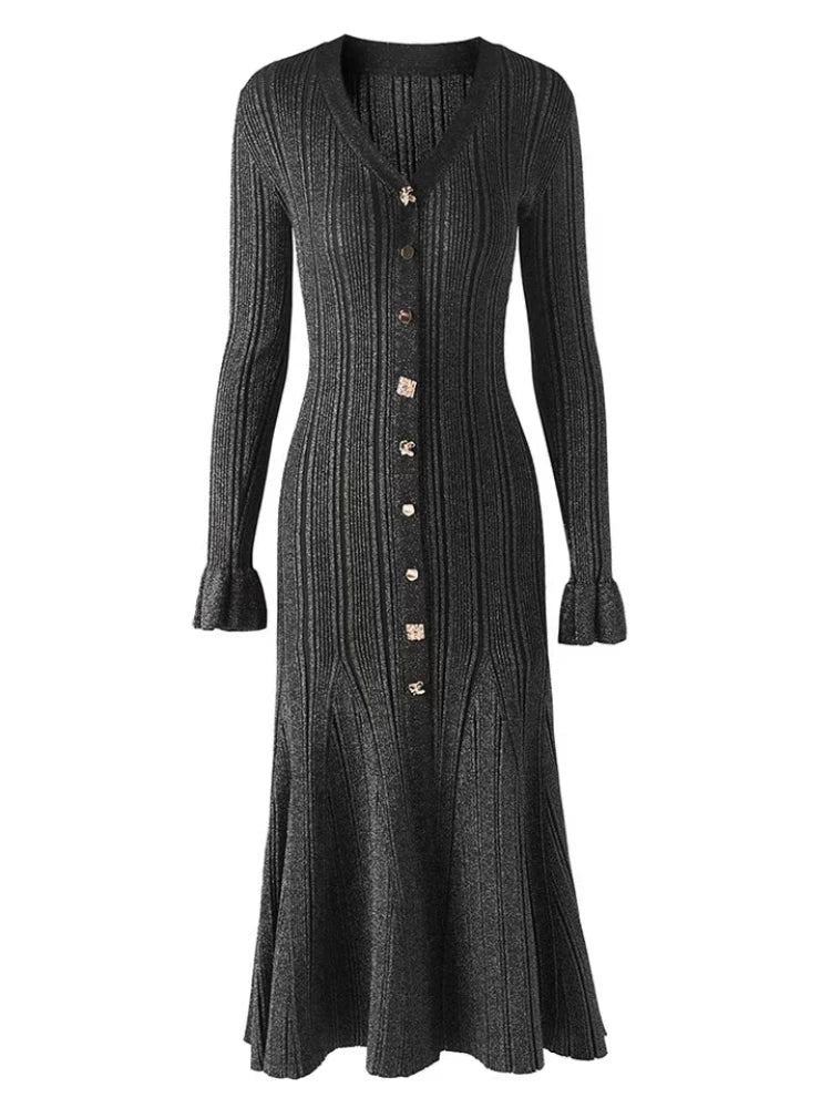 Long Sleeve Button-up Ribbed Flare Dress