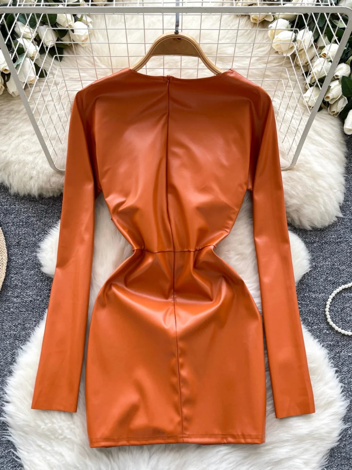 Orange Long-sleeve Ruched Faux Leather Dress