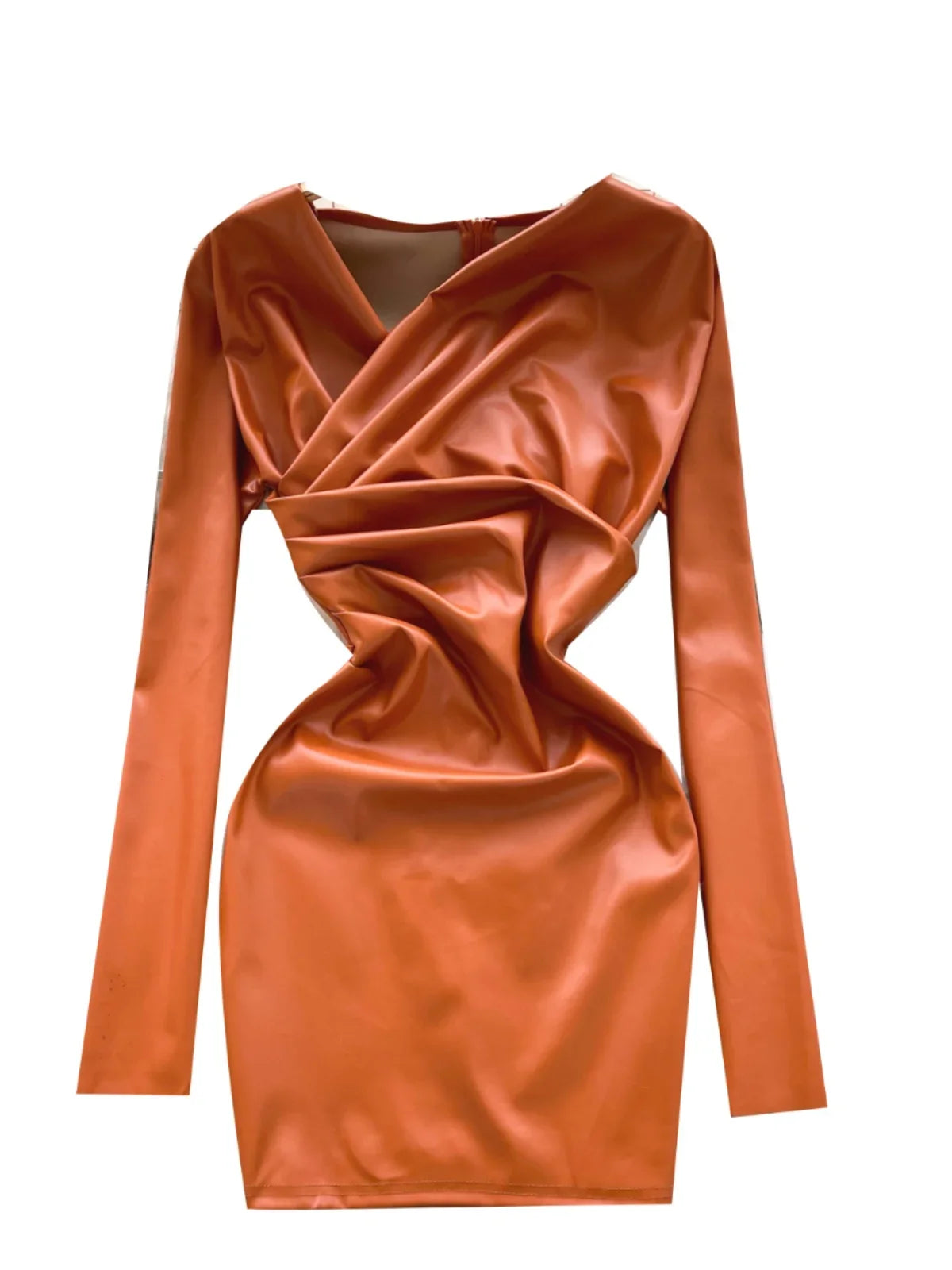 Orange Long-Sleeve Ruched Faux Leather Dress