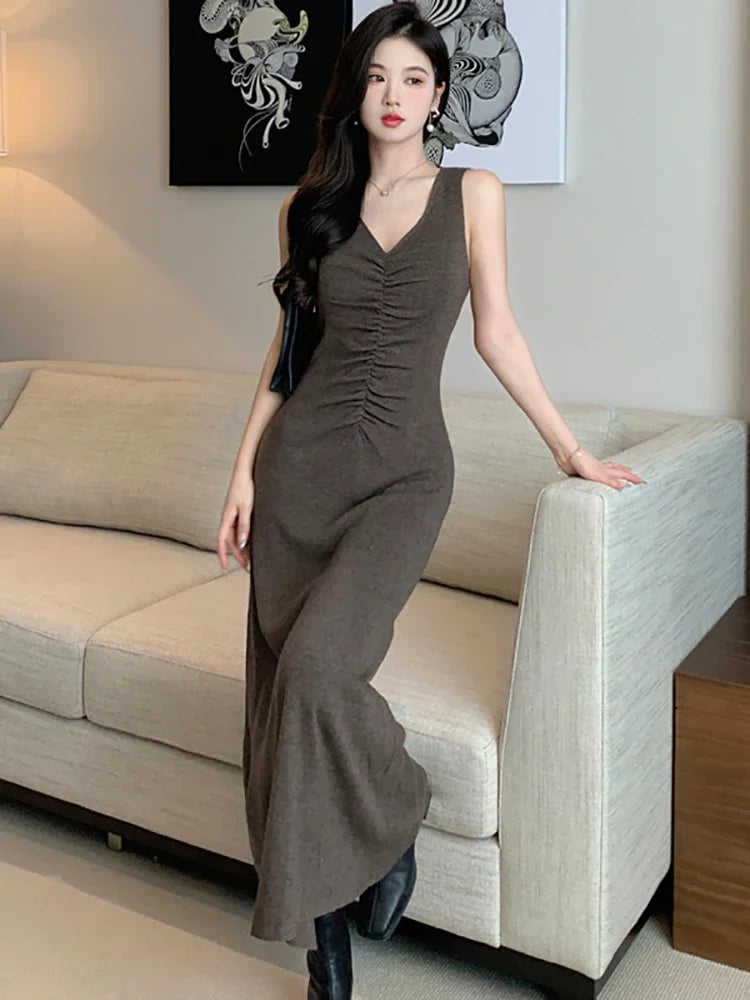 Women Solid Knitted Pleated V-neck Sexy Sling Long Dress Autumn Winter Elegant Bodycon Dress 2025 Korean Vintage Evening Dresses