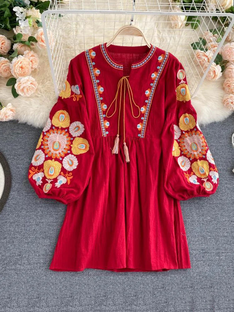 Bohemian Red Dress With Floral Embroidered Sleeves on Luulla