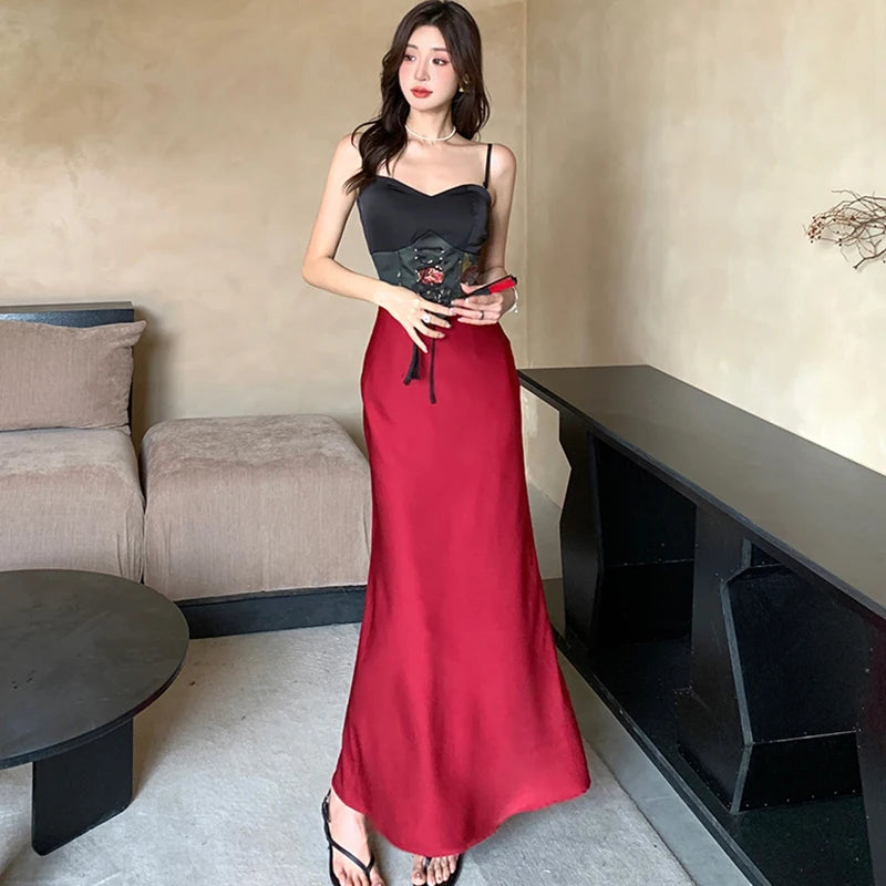 Black Corset Top With Red Maxi Skirt