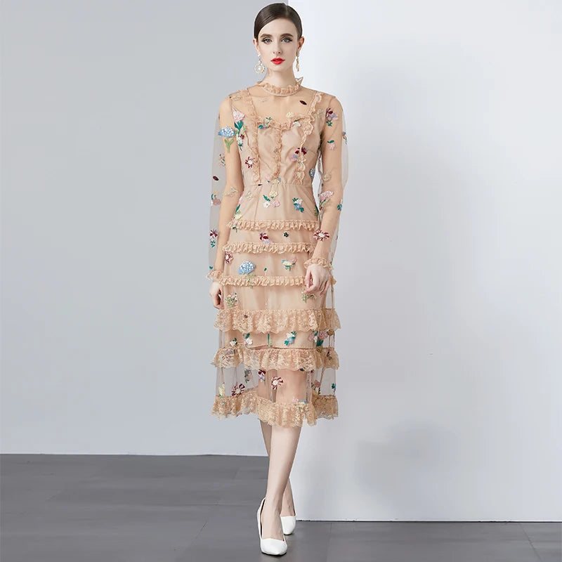 Floral Embroidered Ruffle Layered Mesh Midi Dress