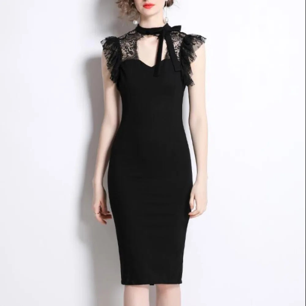 Lace Trimmed Black Dress With Cap Sleeves on Luulla