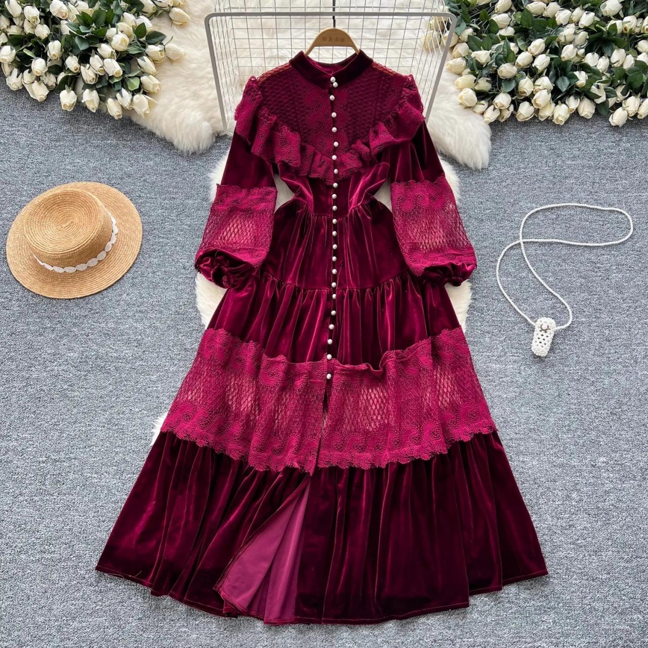 burgundy velvet lace dress Wine Velvet Lace Trim Maxi Dress
