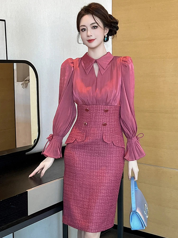 Puff Sleeve Pink Blouse With Tailored Skirt on Luulla