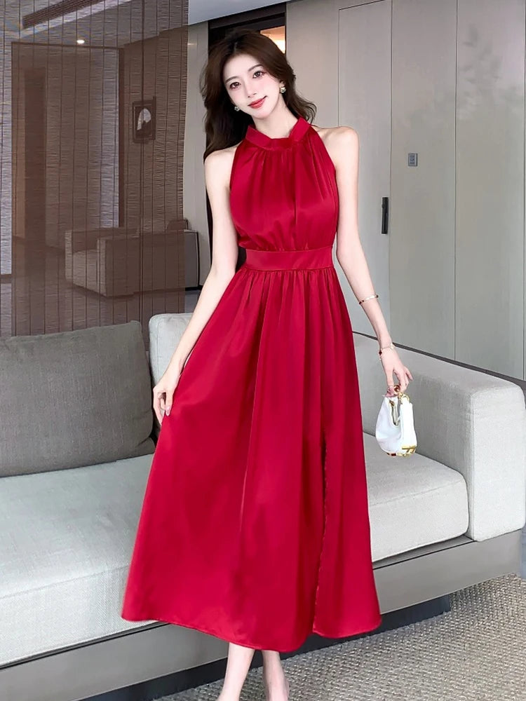 open lace back dress Red Satin Formal Gown with Pockets Black / 14