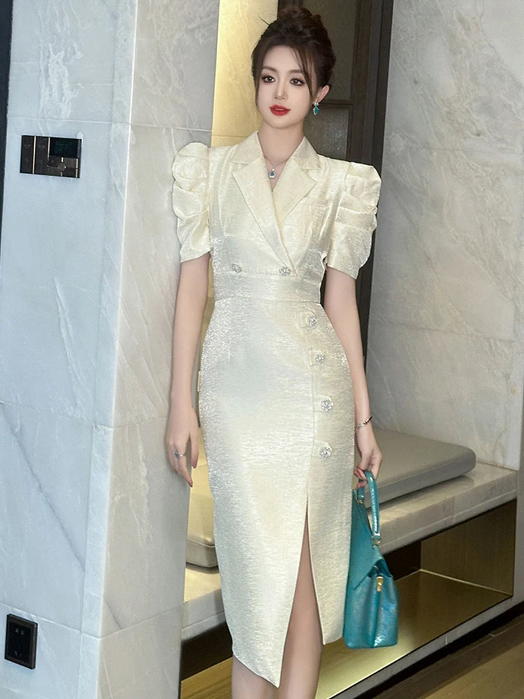 Puff Sleeve White Blazer Dress with Slit